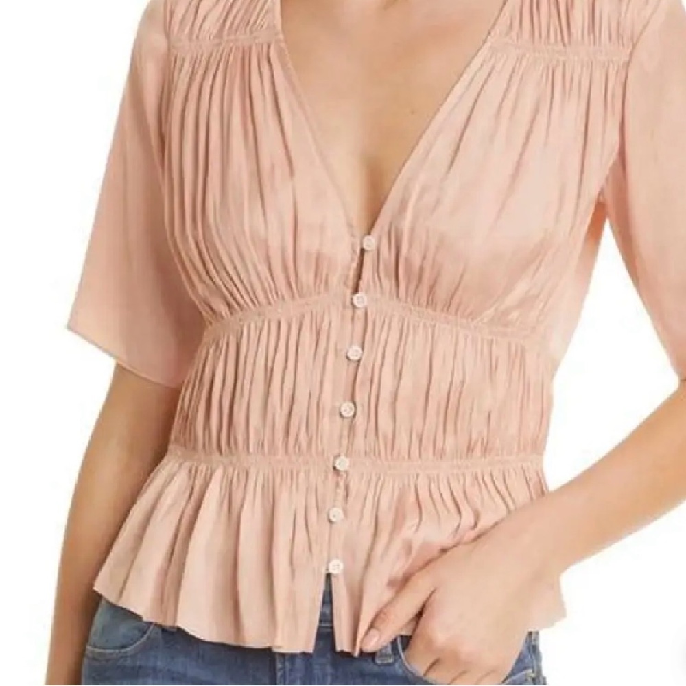 Frame Pink Clay Satin V-Neck Blouse Size Large